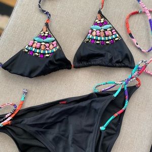 Victoria’s Secret Black Multicolored Embellished Beaded String Halter Bikini